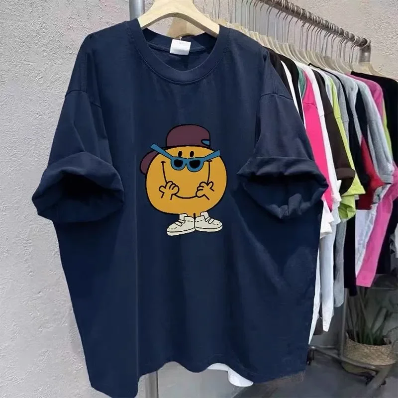 Women Plus Size Cotton Cartoon Smiley Print Short Sleeve T Shirt Loose Summer Casual Tops Up Top