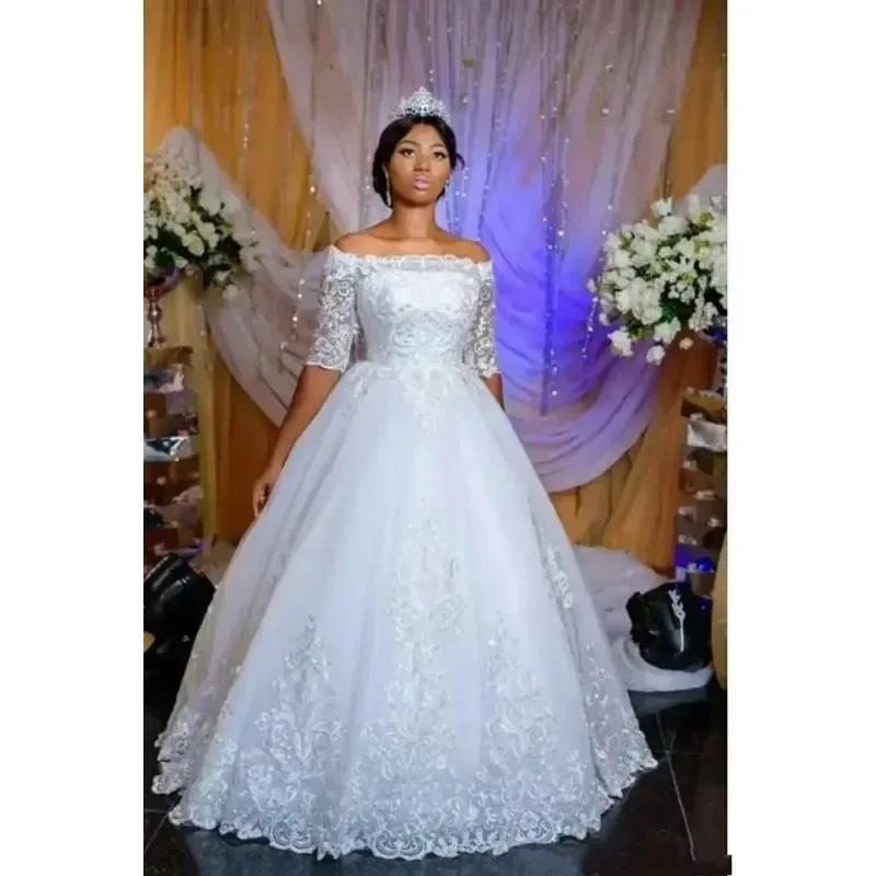 Customized  Off The Shoulder Appliqued Lace Plus Size  Puffy Cheap Wedding Dresses Corset Back Half Sleeves Bridal Gown