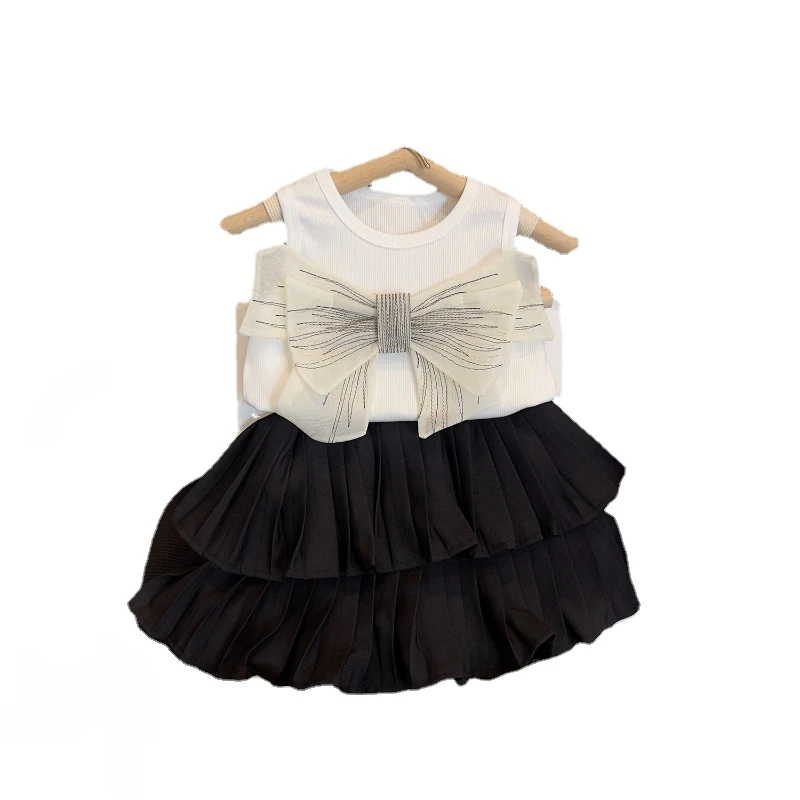 Girls\' Suit Summer New Girls\' White Vest with Bow + Princess Cake Skirt Two-piece Set Girls Clothes