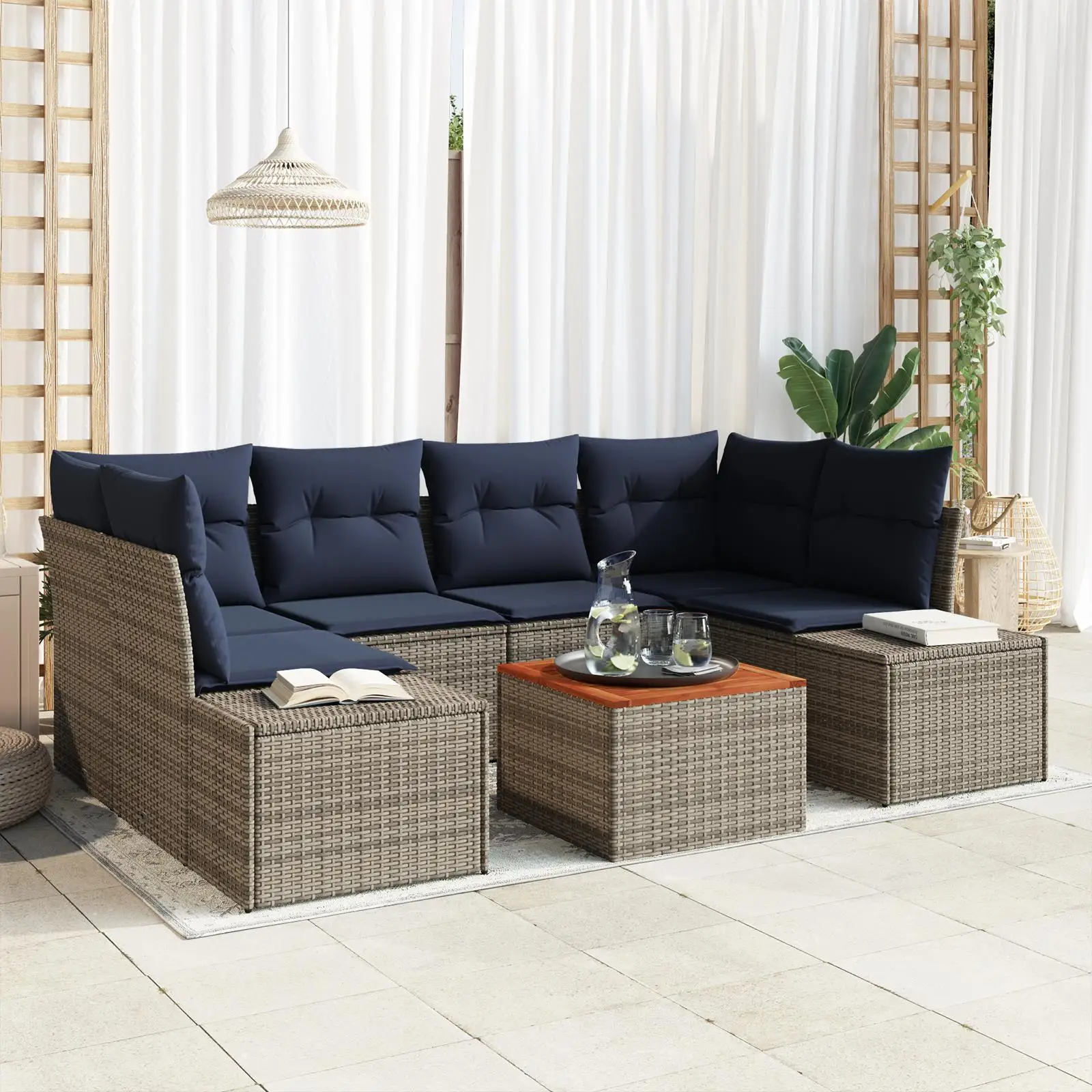 

7 Piece Outdoor Garden Sofa Set with Cushions Grey Poly Rattan and Acacia Wood Stylish and Comfortable Furniture