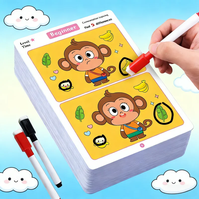 Erasable Reusable Board Game Puzzle Toy Cards Concentration Attention Training Find Different Cards Three Difficulty Levels