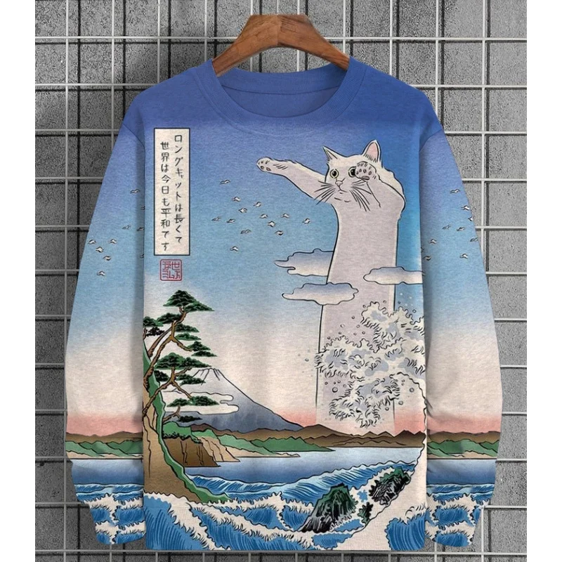 Sweat à capuche imprimé 3D Ukiyoe Sea Wave pour hommes, pull vintage, sweat-shirt à manches longues, sweats à capuche à col rond, graphique végétal, automne