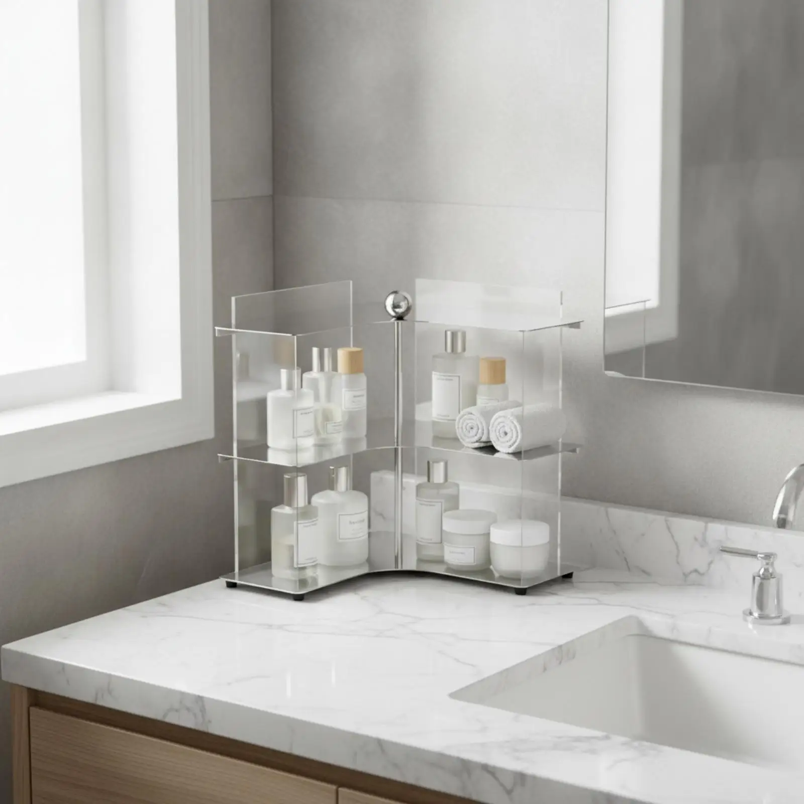 Countertop Storage Rack Space-Saving Countertop Corner Organizer with Raised Edges 3-Tier Corner Storage Rack Compact