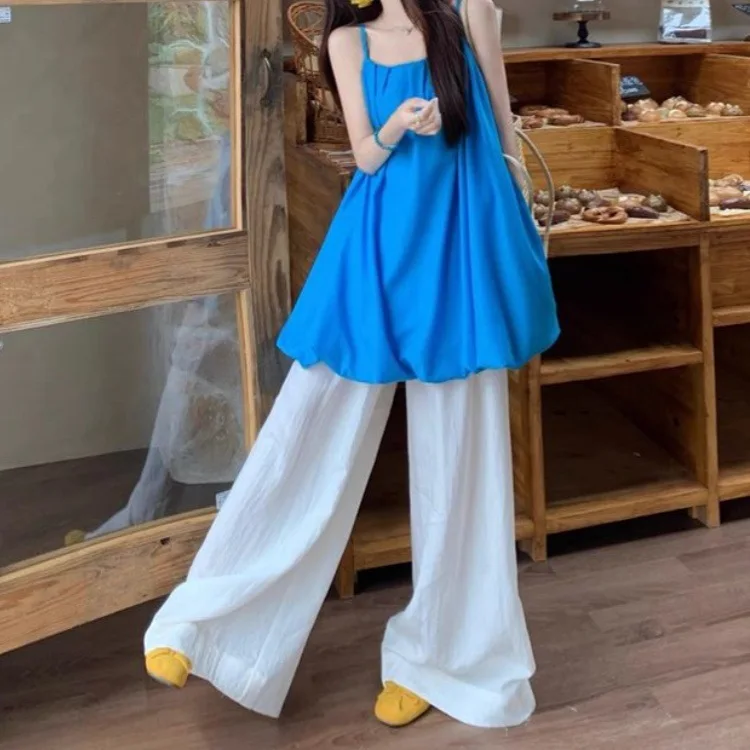 

Korean New Fashion Suit Blue Pleated Suspender Vest for Women Summer Drooping Casual Pants Wide-leg Pants Two-piece Set