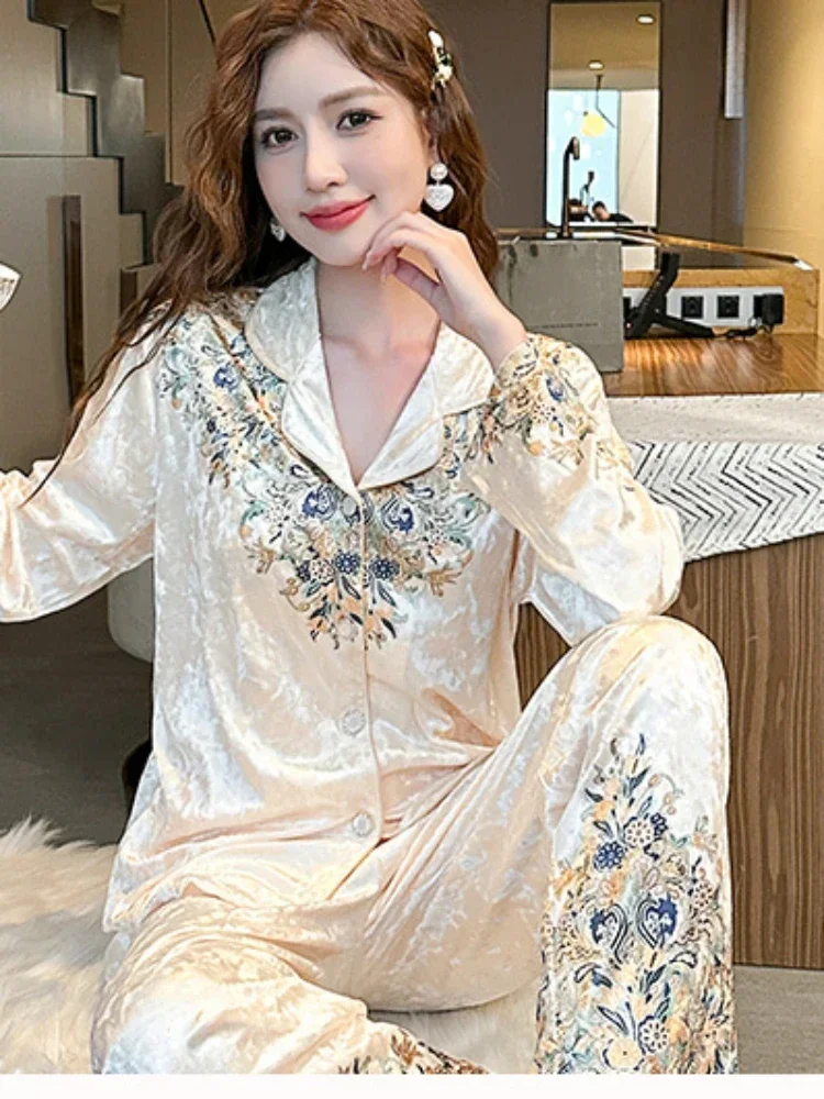 2024 Spring Autumn New Pajamas Women\'s Korean-Style Lapel Golden Velvet Top With Pants For Outer Wear Home Clothes