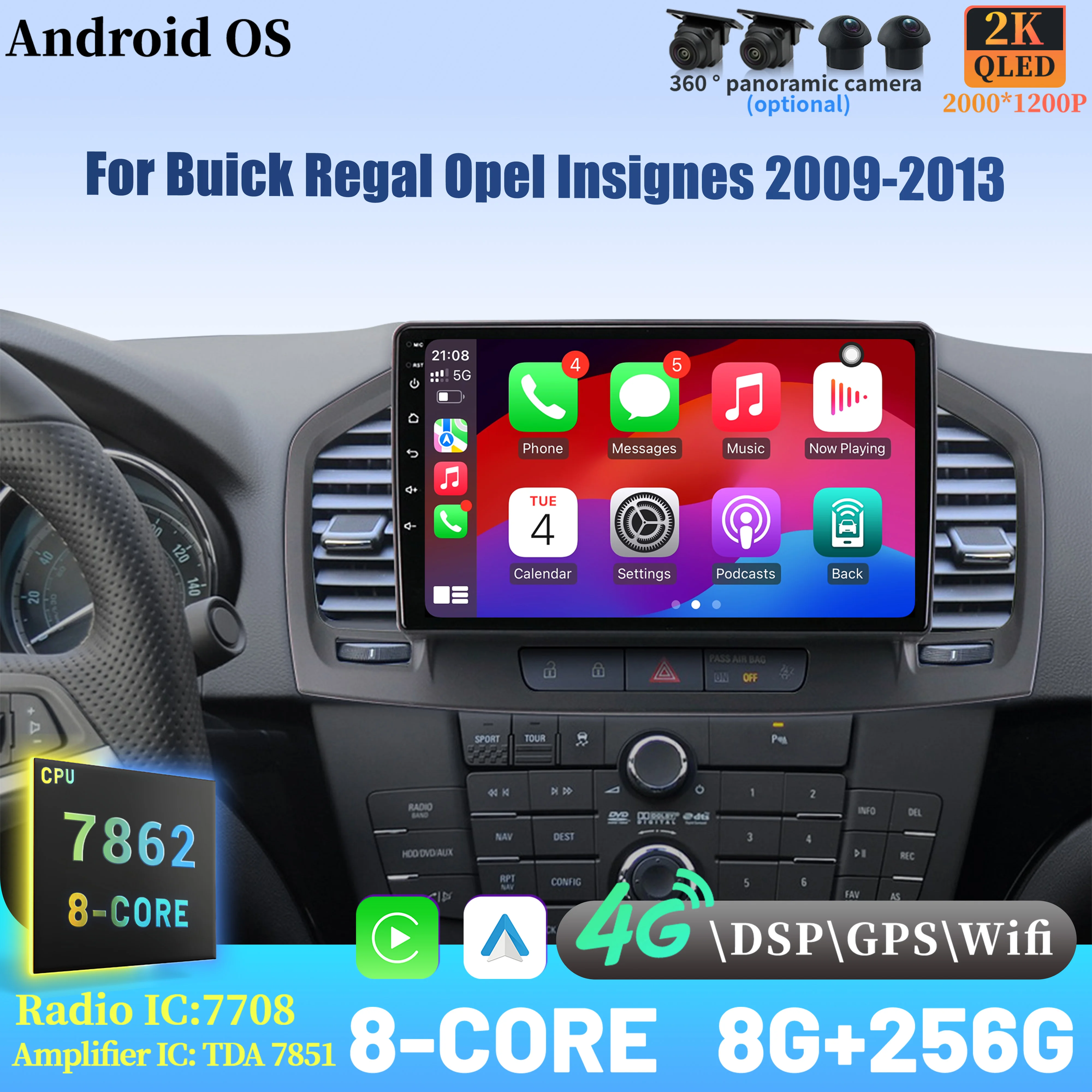 

For Buick Regal Opel Insignes 2009-2013 Wireless BT CarPlay Android 14 Radio Car Multimedia Player Touch 2K QLED Screen