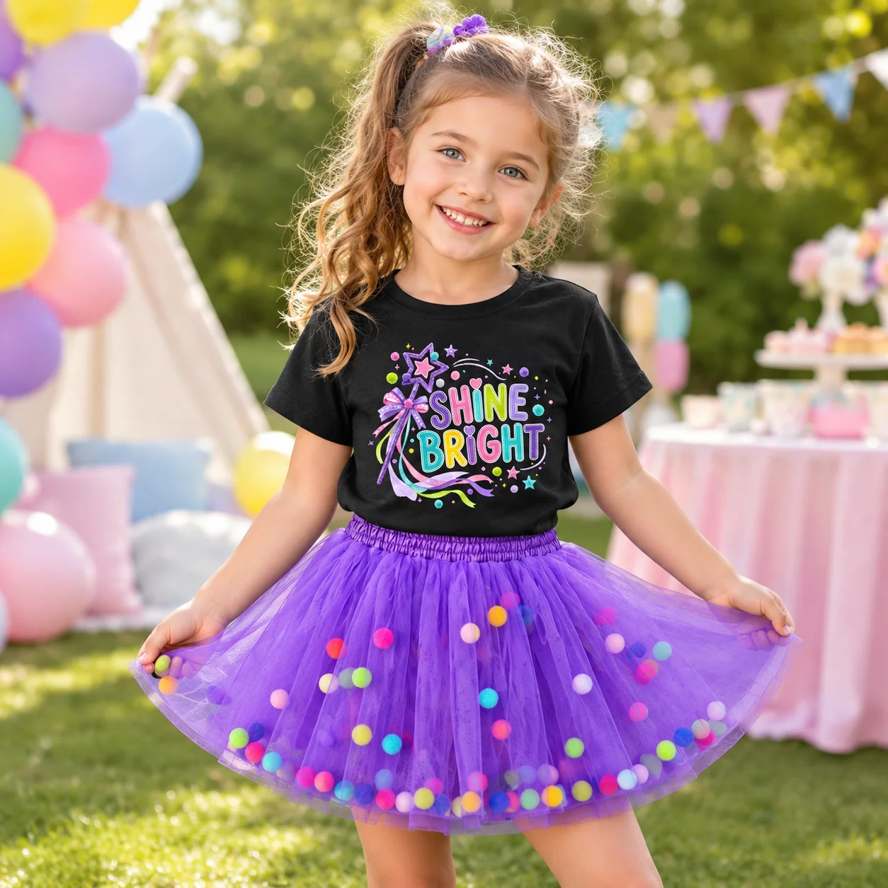 Kids Birthday Girl 2 Piece Set Shine Bright Graphic Tee Purple Pom Pom Tutu Skirt Summer Party Outfit For Girls