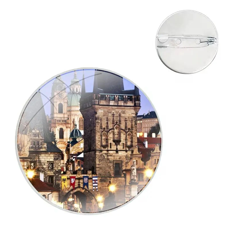 Prague Europe Prettiest Bridges City Glass Dome Brooches Shirt Lapel Bag Cute Badge Pins For Clothes Hat Accessories