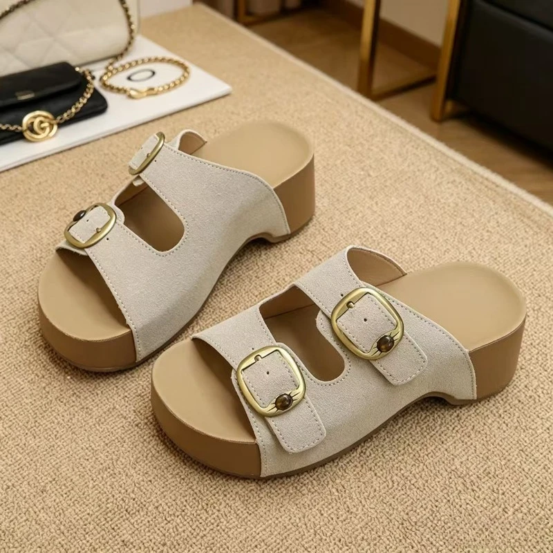 

2026 New Women's Slippers Genuine Leather Platform Slippers for Women Slip-on Summer Beach Shoes for Women