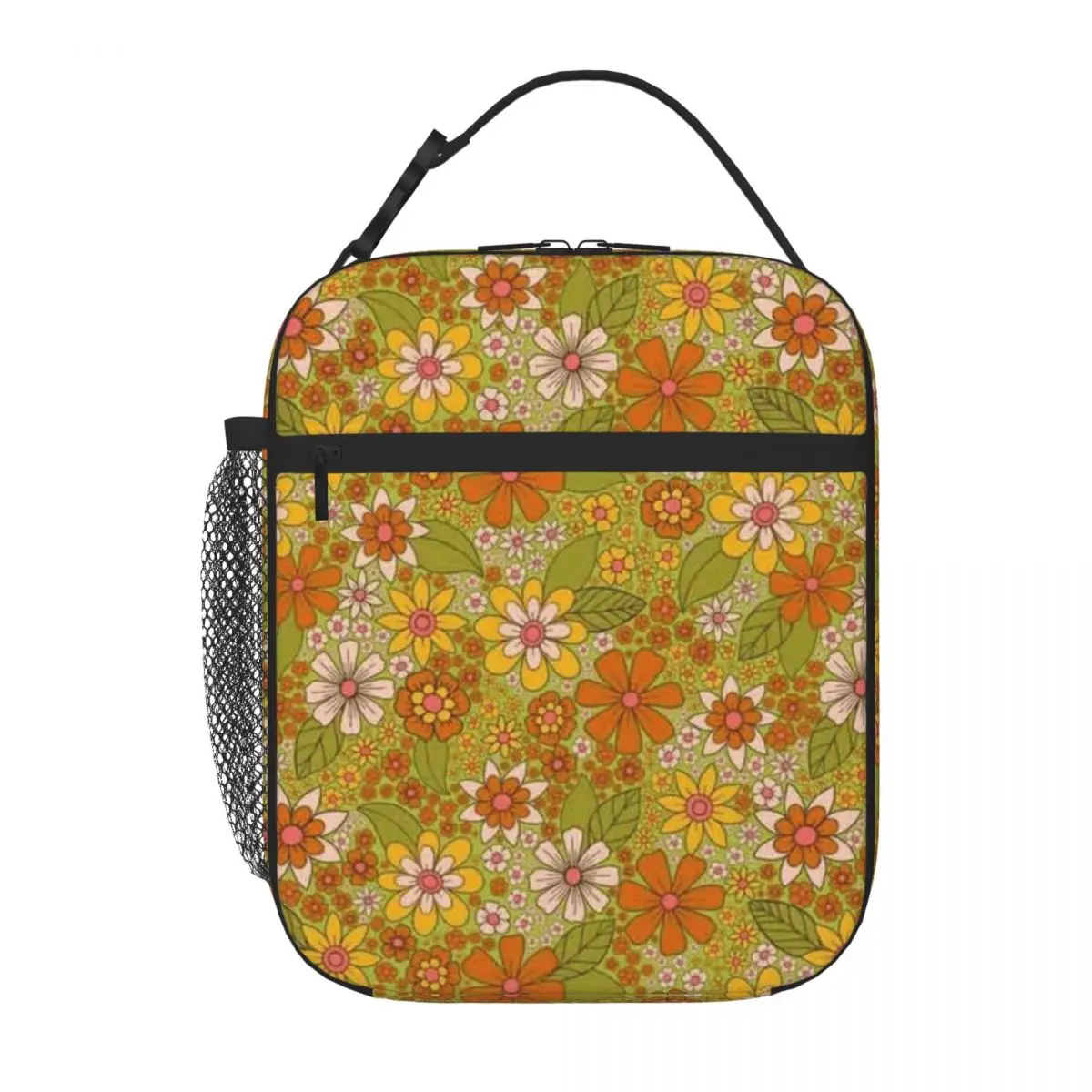 Bestselling 1960s 1970s Retro Floral In Green Pink Orange - Flower Power Three nt Neoprene Lunch Bag Safari Lunch Food Tote Bag