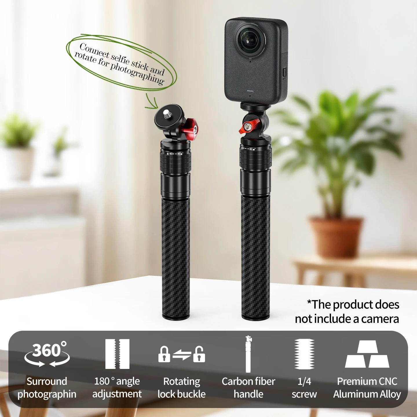 360 ° 360° drehbarer Griff 1/4 Zoll kompatibel mit DJI/Insta360/GoPro 180 ° Verstellbarer Faltbarer Selfie-Stick für 360°-Aufnahmen ° Videos – Detail 2