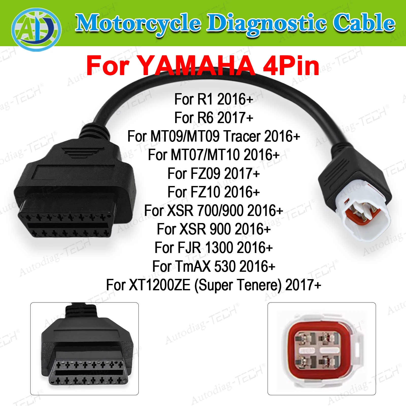 

Диагностический разъем для кабеля OBD2 Yamaha 4-контактный на 16-контактный для мотоцикла R1, R6, MT07, MT10, FZ09, FZ10, XSR700, XSR900, TMAX530, XT1200ZE