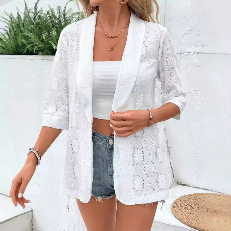

European and American New2025Spring New Elegant Solid Color Lace7Women's Casual Split Sleeve Turn-down Collar