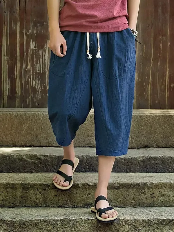 Loose Cotton Linen 7-Length Men's Shorts plus Size Wide Leg Casual Summer City Walk Ethnic Style No Stretch Elastic Waist