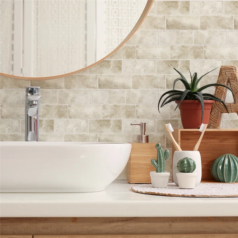 

A84E-Wall Tiles For Bathroom Waterproof 10 Sheets Beige Stone Peel And Stick Backsplash Splash Stick On Tiles For Laundry Room