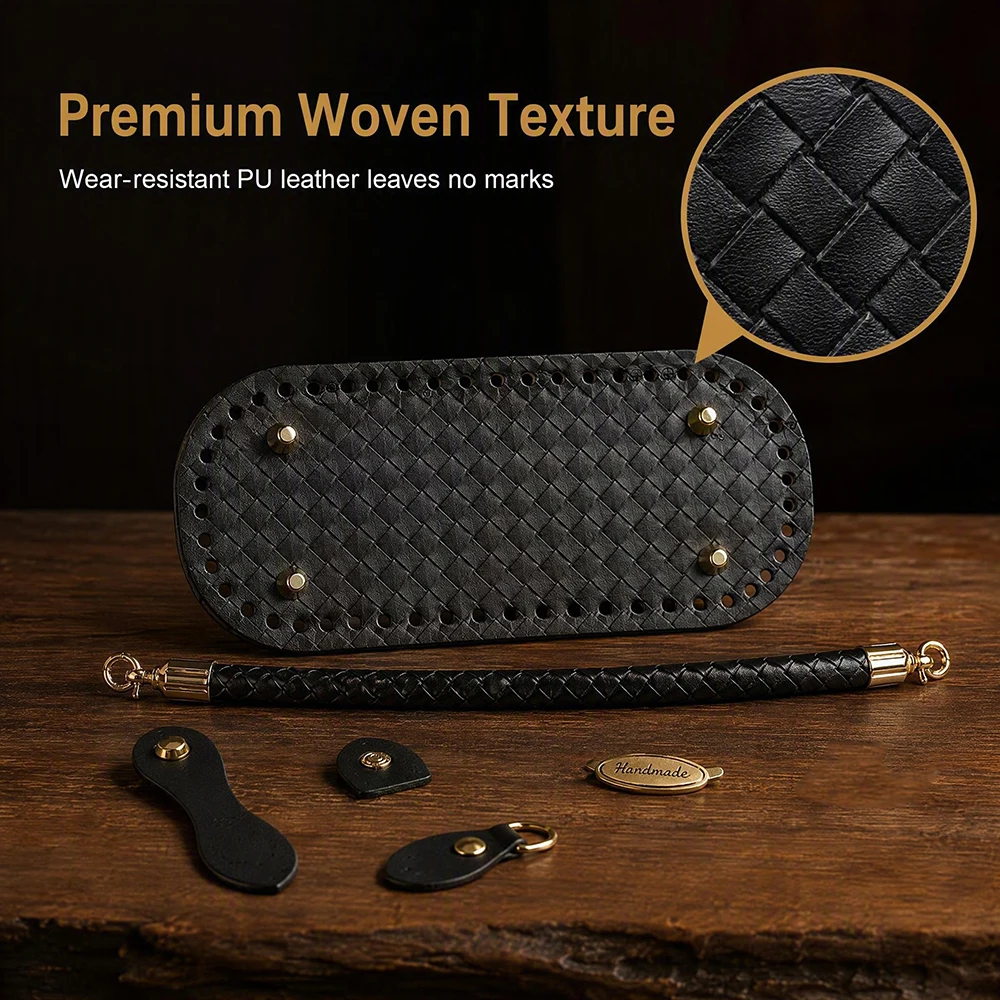 8-Piece Set of Woven Pattern Pu Leather Bag Base Accessories Combination DIY Handbag Making Accessory Set Includes Handle, Base Plate, Hanging Buckle, Clasp, and Handmade Tag. Suitable For: Handmade Leather Goods Enthusiasts, Handbag Makers, DIY Creative Professionals