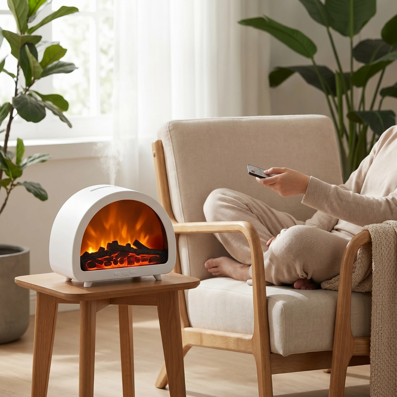 Mist Humidifier with Flame Effect Tabletop Fireplace Humidifier Flame Dispenser Compact for Living Room, Bedroom