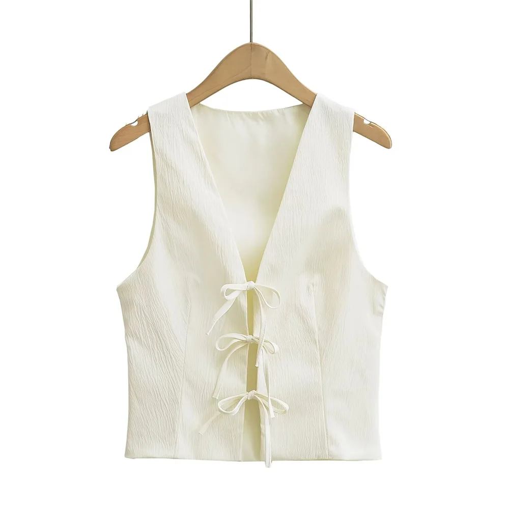 PB&ZA 2024 Spring New Women's Fashion temperament casual versatile bow decoration V-neck vest top