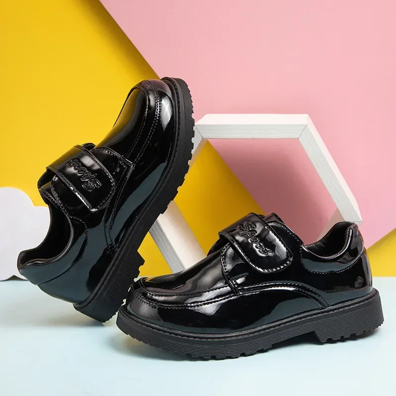 2024 Four Seasons Children Leather Shoes for School Black Glossy Britain Style UK Uniform School Shoes Kids Performance Loafers