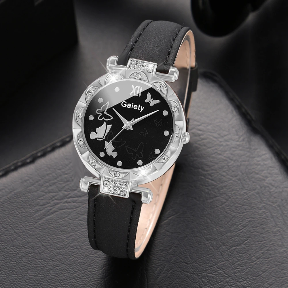 2PCS/Set Women Black Watch PU Polyurethane Strap Watch Circular Dial Quartz Wristwatch Bright Diamond Bracelet Set Gift For Her