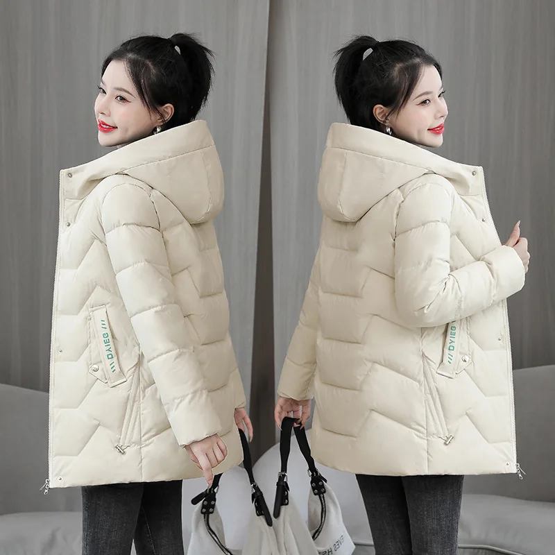 Cotton Women's mid length down cotton jacket Korean version slim fitting Thickened warm versatile women's jacket