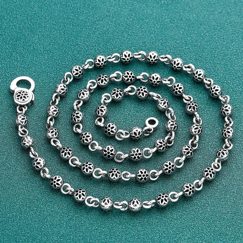 

S925 pure silver men's and women's personalized cherry blossom ball necklace, European and American punk hip-hop style chain