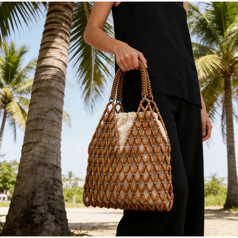 Ahornholz-Perlen-Handtasche, Damen Große Kapazität Hohle Strand-Urlaubstasche, Sommerliche Lässige Schicke Handgewebte Tragetasche – Detail 24