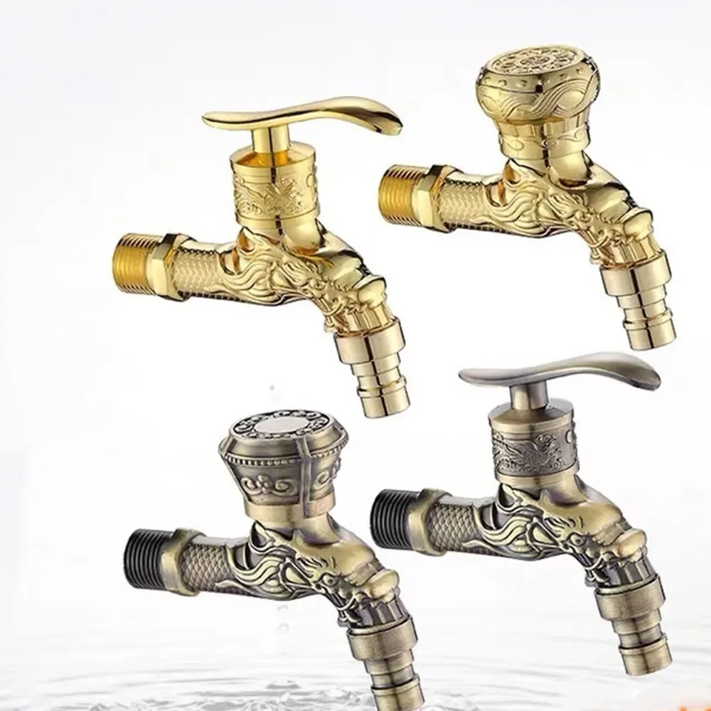 Zinc Alloy Retro Carved Wall Bottle Tap Bibcock Tap Decorative Outdoor Garden Faucet Washing Machine Mop Tap Bathroom Faucets
