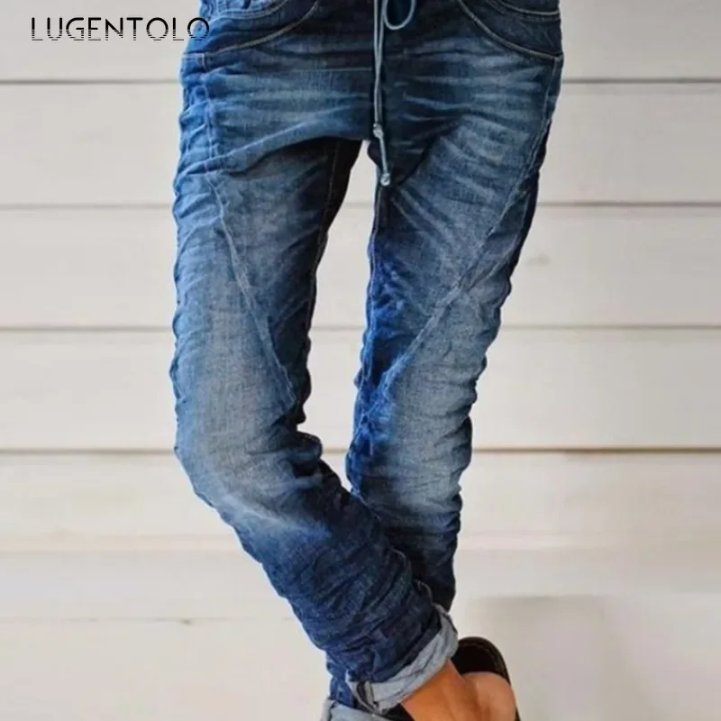 

Women Washed Casual Jeans Drawstring Elastic Waist Denim Dark Blue Female Street New Fashion Bleached Long Straight-leg Pants
