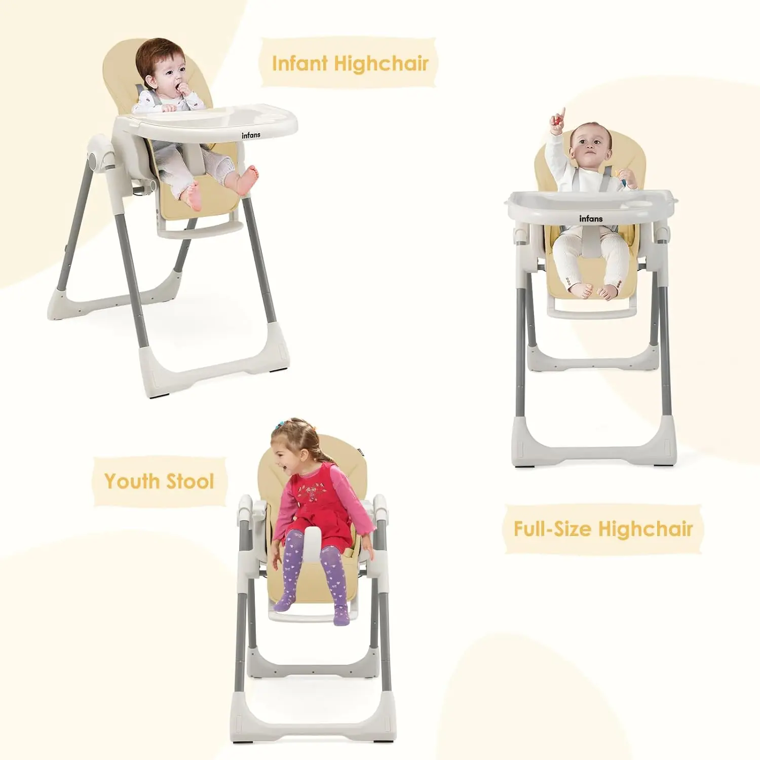 High Chair for Babies and Toddlers, Foldable Highchair with 7 Different Heights 4 Reclining Backrest Seat 3 Setting Footrest,