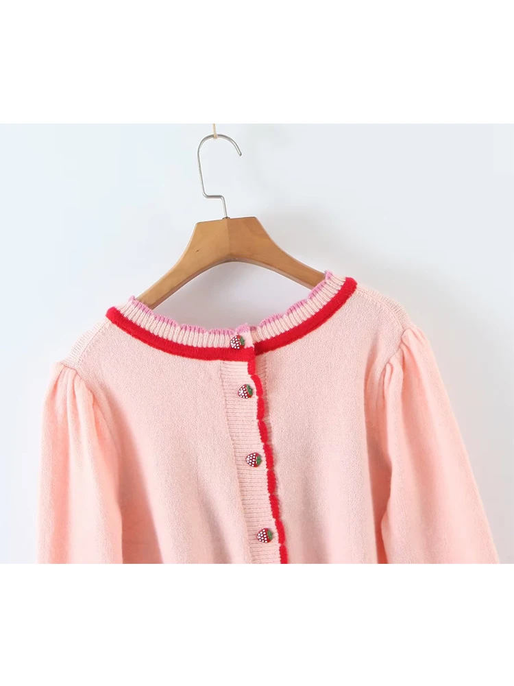 YENKYE New Fashion Women Sweet Pink Strawberry Cherry Thin Knit Sweater O Neck Long Sleeve Female Crop Pullover Autumn Tops