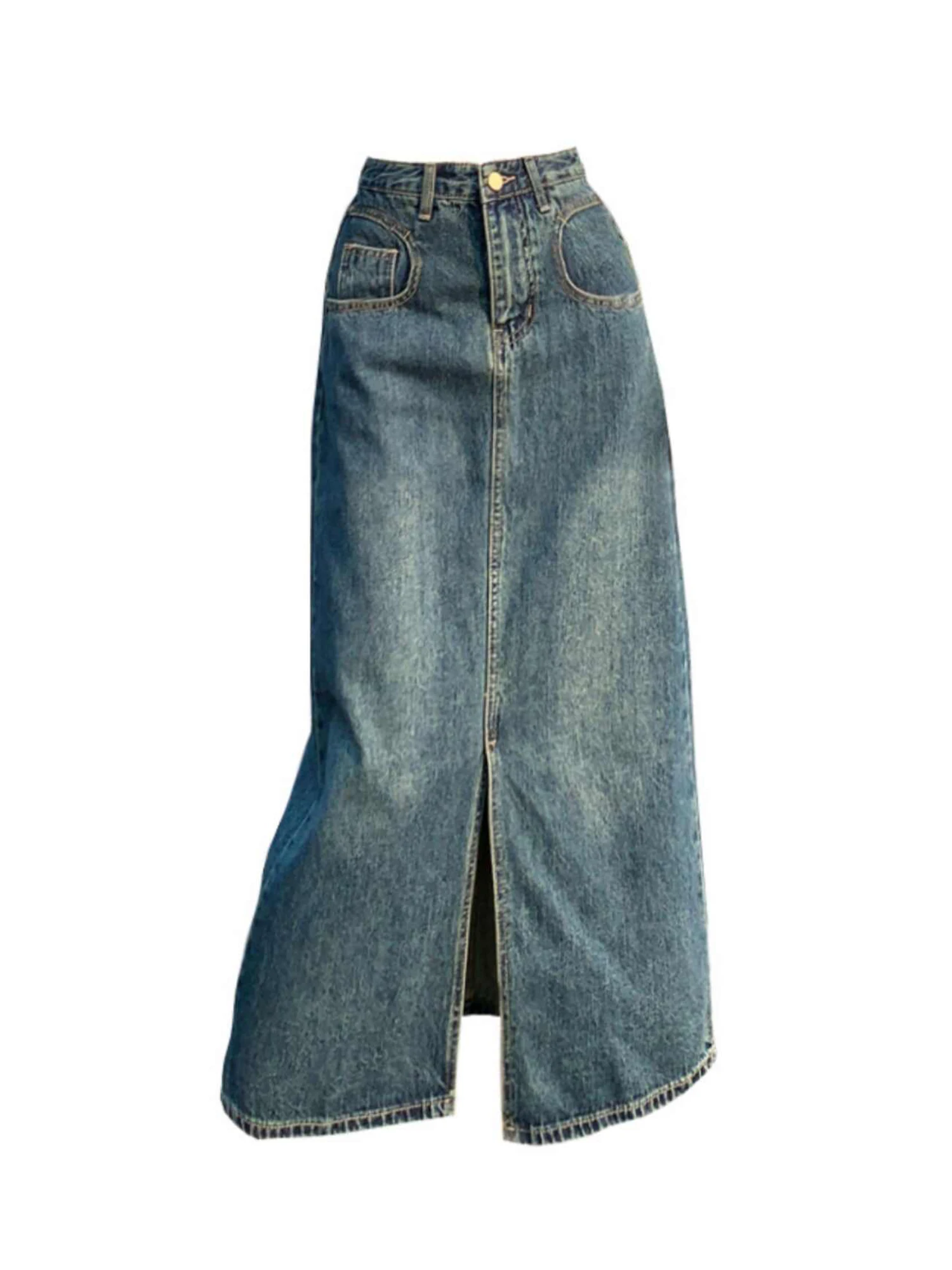 

Women Blue Denim Skirt Fashion 90s Vintage Y2k Long Cowboy Skirt with Slit Harajuku Emo 2000s A-line Jeans Skirts Clothes Summer