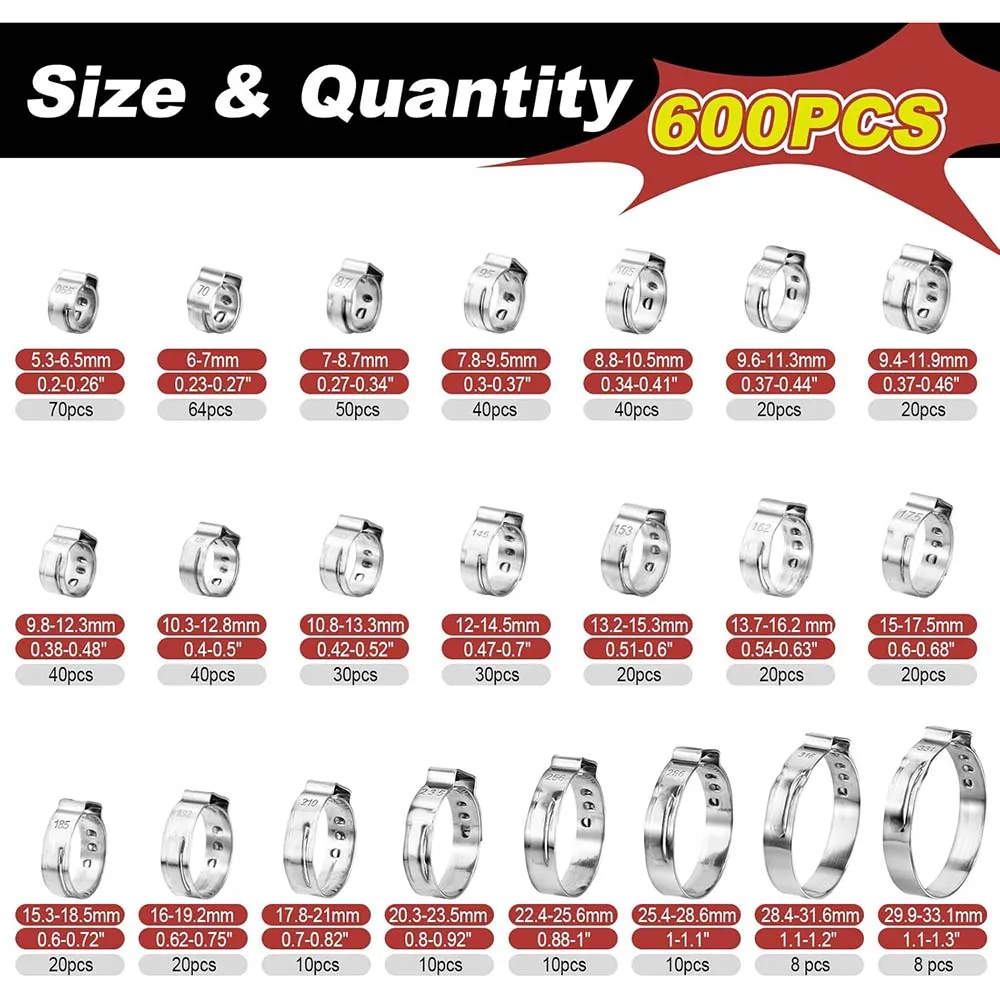 600PCS Single Ear Hose Clamps, 5.3-33.1mm Crimp Hose Clamp 304 Stainless Steel Hose Clamp, Ear Clamp for Automotive, Pipe Hoses