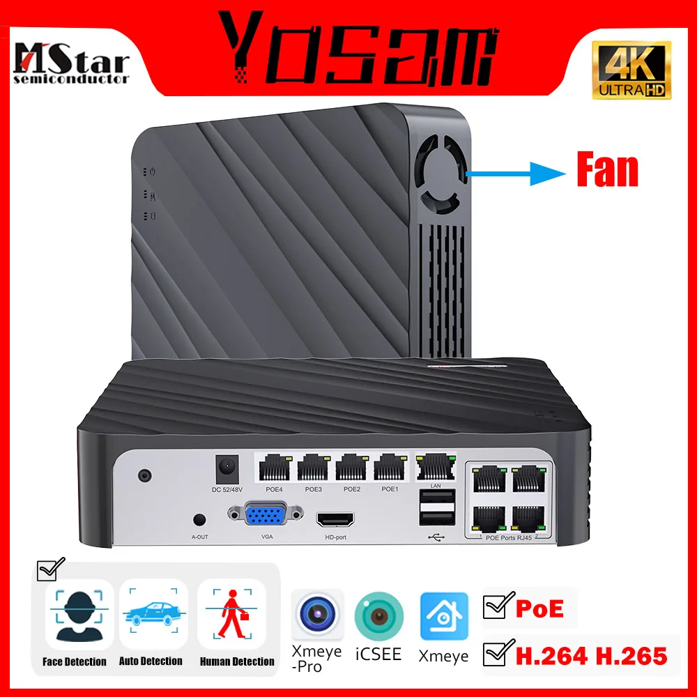 4K AI NVR 4CH 8CH مع منافذ PoE تدعم كشف الوجه للمركبات 4K/5MP/4MP H.265