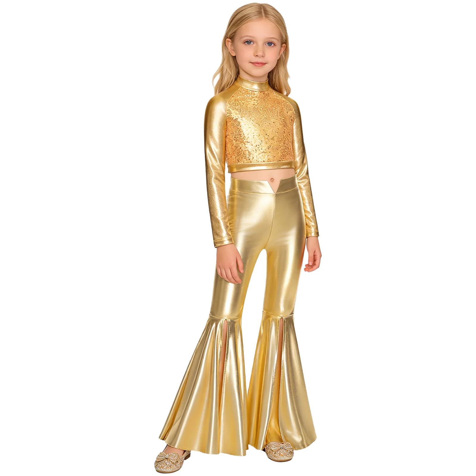

Girls Street Dance Costume Mock Neck Long Sleeve Sequin Metallic Crop Top with Split Leg Shiny Pants for Pageant Performance