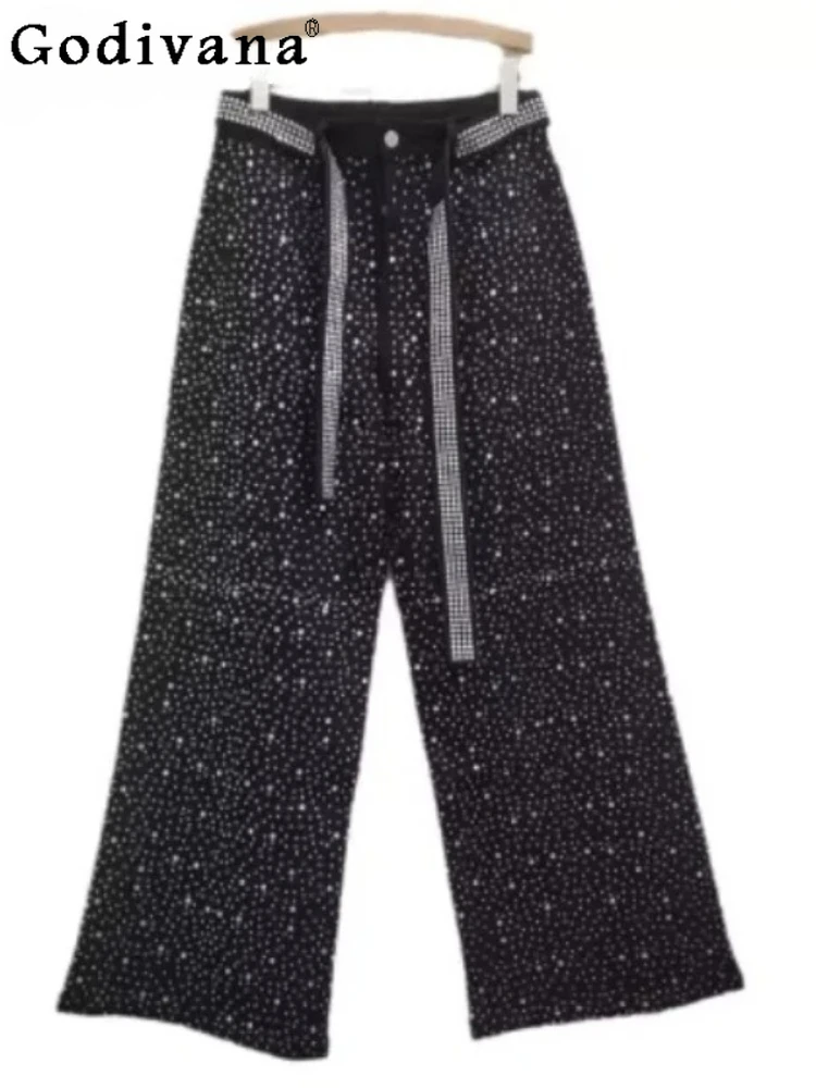 

Fashion Heavy Industry Loose Hot Diamond Retro Ribbon Jeans Spring Autumn Street Versatile High Waist Straight Wide Leg Pants