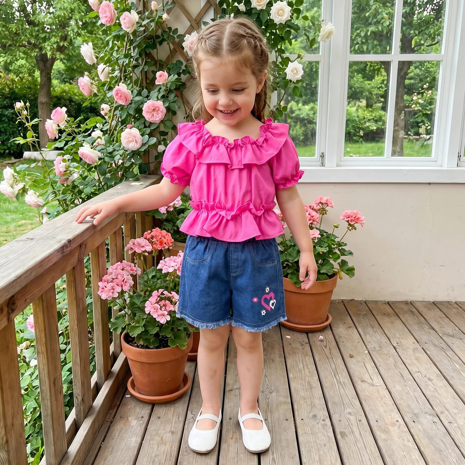 2-8Y Girls Summer Clothing Set Fashion Ruffled Frill Puff Sleeve Shirt Tops with Heart Embroidery Denim Shorts Children's Set