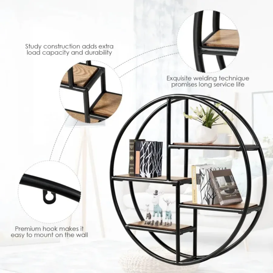 Circular Wall-Mounted 4-Tier Hanging Storage Shelf Organizer Rustic Industrial Metal