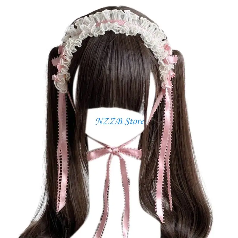 

T21F Gothic Bow Headwear Subculture Ruffled Lace Ribbon Headwear Party Photo Props