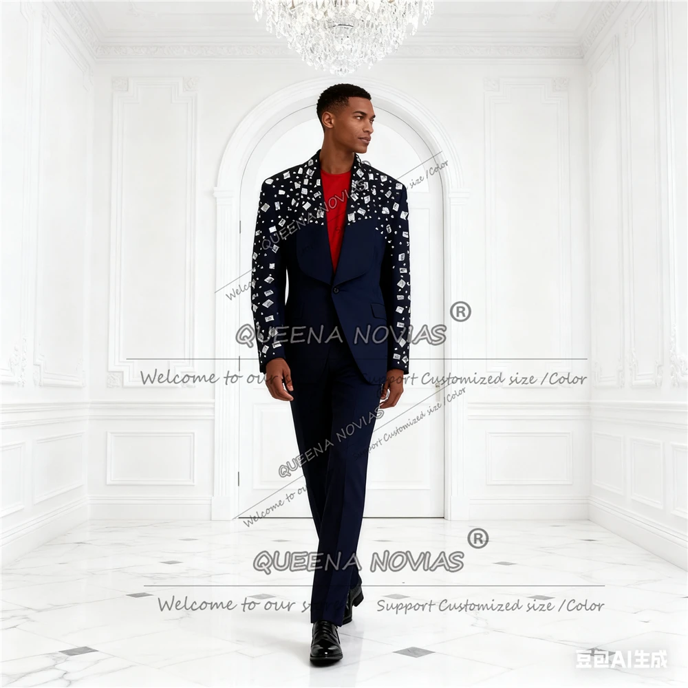 Luxuriöser Anzug mit Perlensteinen für Herren, 2-teiliges Set, Schal, Etikett, Abschlussball, Blazer, individuelles Kostüm, Homme, Bräutigam, Hochzeit, Smoking