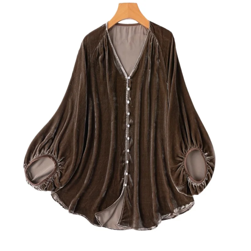 Women's Fashion Clothing Advanced Tea Brown 30% Natural Mulberry Silk Velvet V-neck Raglan Sleeves Loose Pearl Button Shirt