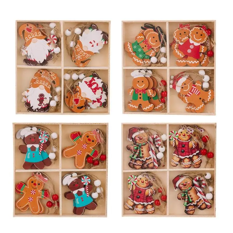 Christmas Wooden Pendants Gingerbread Man Ornaments Hanging Oranments Christmas Tree Cartoon Pendants for Party Decoration