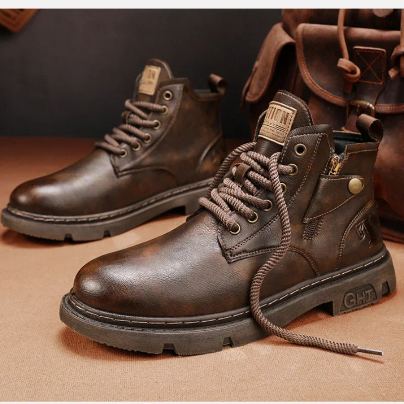 Botas de motorista para hombre, zapatos informales de alta calidad, de cuero, estilo Retro, a la moda, combinan con todo, Wear-resistant88 invierno