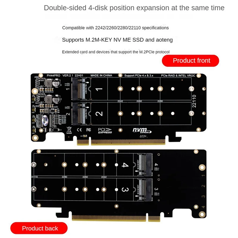 Tarjeta RAID NVME de 4 discos de doble cara PCIeX16 a M.2 M-Key NVMEx4SSD 2U servidor RAID Array adaptador de expansión tarjeta dividida