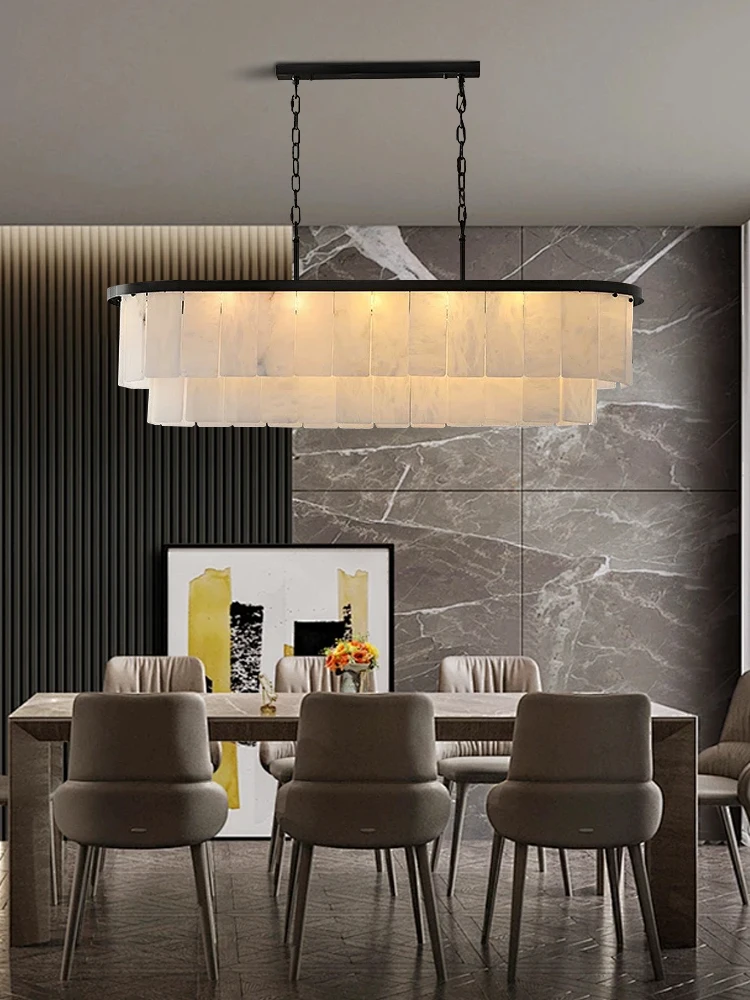 

Овальный итальянский мраморный обеденный стол, подвесные люстры, светодиодные светильники с регулируемой яркостью для украшения дома, алебастровый камень, подвесной светильник