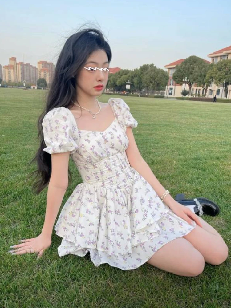 High Waist Dress Women Summer Floral Sweet Square Collar Puff Sleeve Princess Girlish Tender Elegant Korean Style Preppy Chic