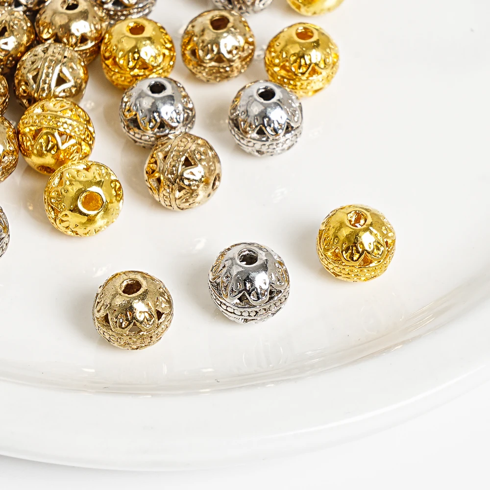 

10Pcs Golden Plated Metal Round Spacer Beads 8MM Rose Gold Color Round Ball Metal Loose Hollow Beads for Jewelry Making DIY