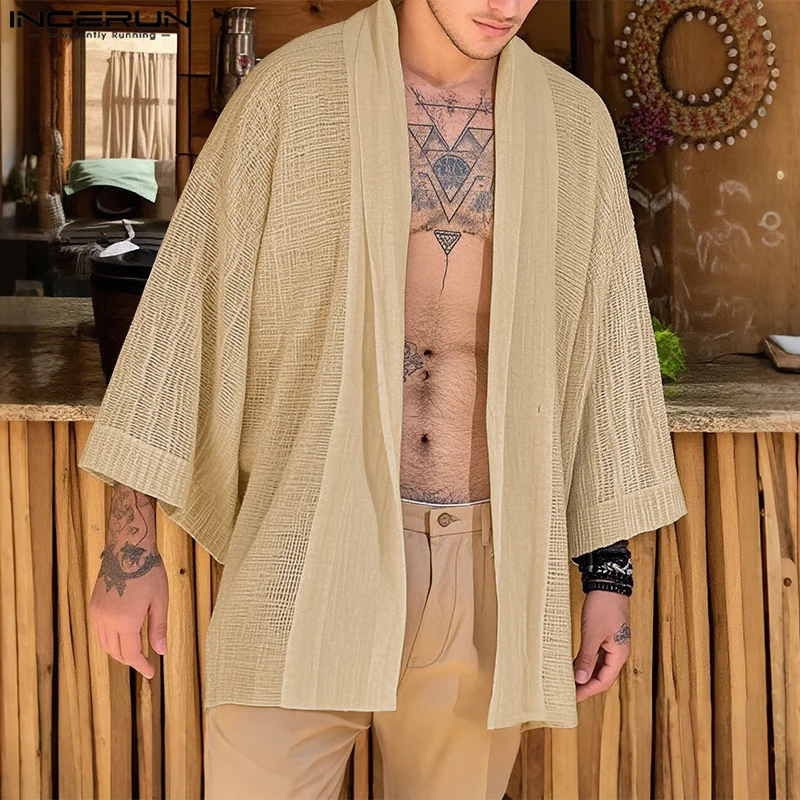 

INCERUN Мужская рубашка, однотонная, с открытой строчкой, с рукавами 3/4, повседневный мужской кардиган, верхняя одежда, 2025 г., мужская одежда большого размера в стиле ретро, уличная одежда