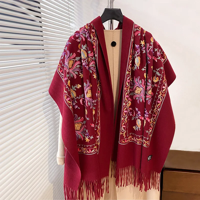 Luxury High Quality Embroidery Scarf Elegant Women Winter Thick Warm Neck Pashmina Long Fringe Scarves Lady Blanket Soft Shawl