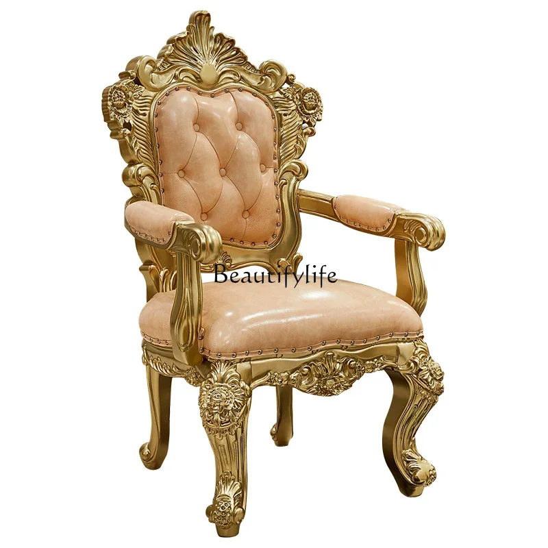 European dining chair high-end luxury solid wood double-sided carved first layer cowhide leather with armrest